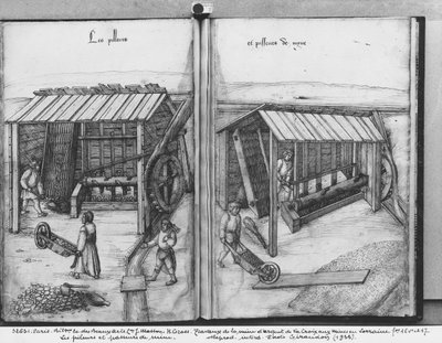 Mina de plata de La Croix-aux-Mines, Lorena, fol.16v y fol.17r, triturando y lavando el mineral, c.1530 de Heinrich Gross or Groff
